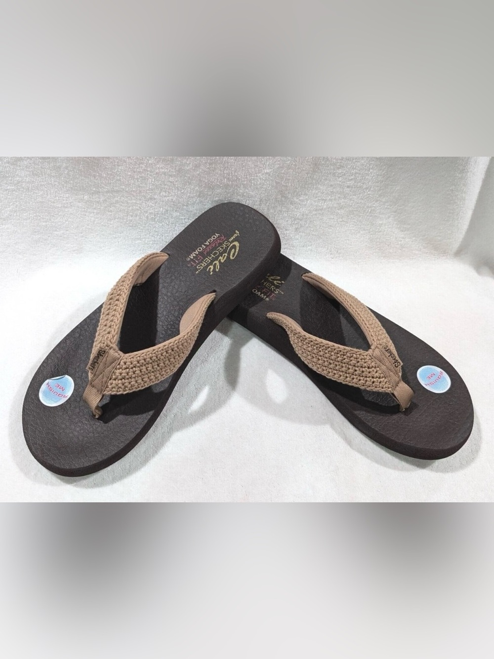Skechers Tan Crochet-Style Strap Black Footbed Flip Flops Asana Valley chic 10
